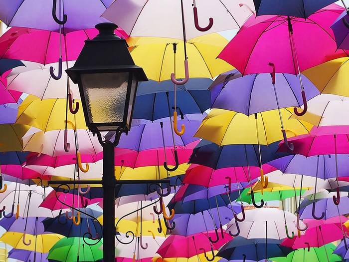 Színes esernyők, melyek vidámságot lopnak az emberek hétköznapjaiba.