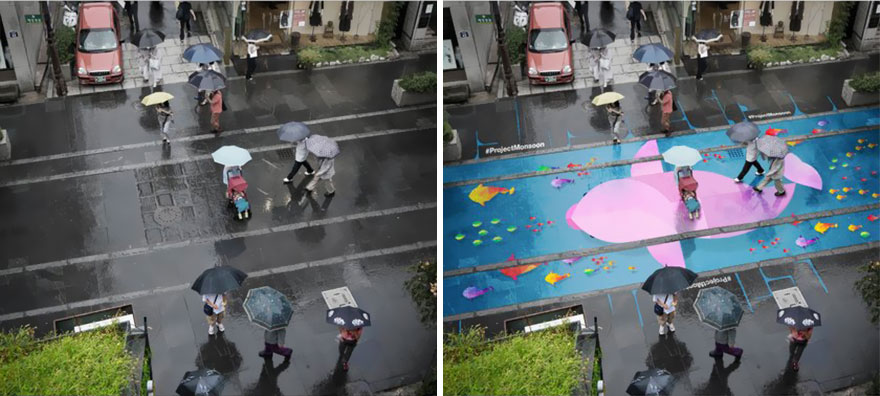 Vidám utcai festmények, melyek az eső hatására kelnek életre.